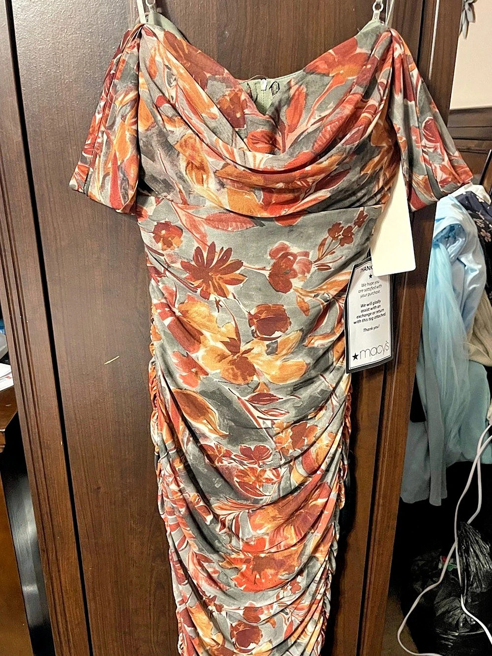macy's Floral Ruched Midi Dress in Gray/Green Size Medium NWT